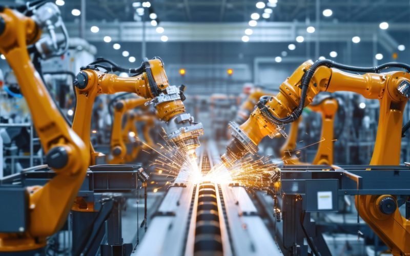 Industrial welding hand robots in manufacturing production lines plants